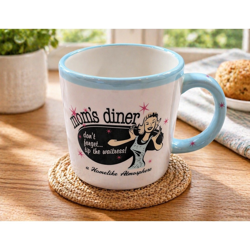 Sonoma Life Style Moms Diner Retro‎ Coffee Mug Blue White Waitress Starburst 4in